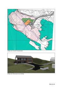 Bildet viser en side fra en byggesak som inneholder to utklipp: øverst en situasjonsplan og nederst en 3D-illustrasjon av en bolig.