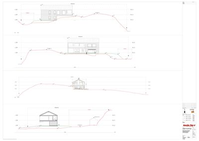 Fasadetegning med oppriss av bygning sett fra ulike vinkler, inkludert terrengprofilering.