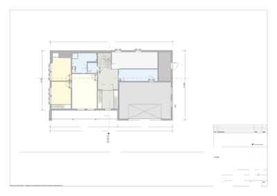 Etasjeplan for 1. etasje som viser romfordeling, arealer og fasader.