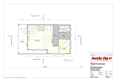 Etasjeplan for 2. etasje i en bolig, som viser romfordeling, arealer (BRA, BRA overbygget UA), og snittlinjer.