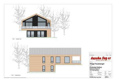 Fasadetegning som viser bygningens utseende fra nord og vest.