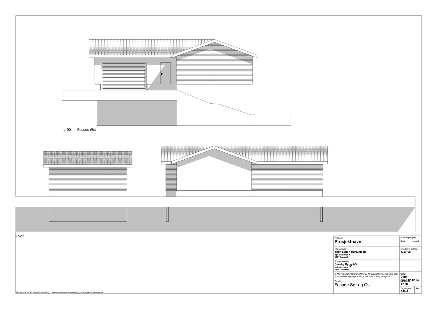 Fasadetegning som viser bygningens utseende fra øst og sør.