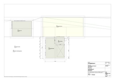 Etasjeplan (Plan 1. Etasje) som viser romfordeling, dimensjoner og plassering av nye og eksisterende hus.