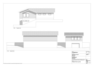 Fasadetegning som viser bygningens utseende fra nord og vest.
