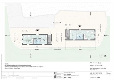 Etasjeplan (Plan 1. Etasje) som viser romfordeling, arealer og fasader for to boligmoduler.