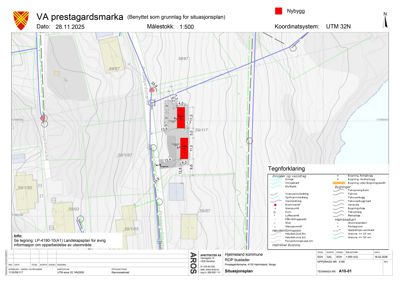 Situasjonsplan som viser tomtens beliggenhet, nabolag, infrastruktur og planlagt nybygging.