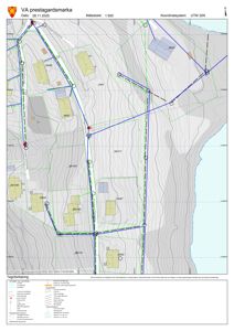 Kart over VA-anlegg (vann og avløp) i Prestagardsmarka med topografi, eiendomsgrenser og infrastruktur.