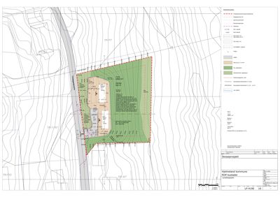 Situasjonsplan som viser tomtens form, grenser, høydemålerlinjer, bebyggelse og arealbruk.