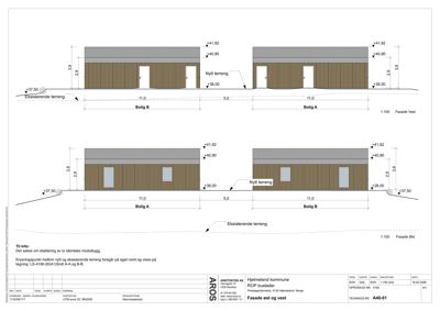 Fasadetegning som viser oppriss av to boligmoduler sett fra vest og øst, med høydemål og terrengforhold.