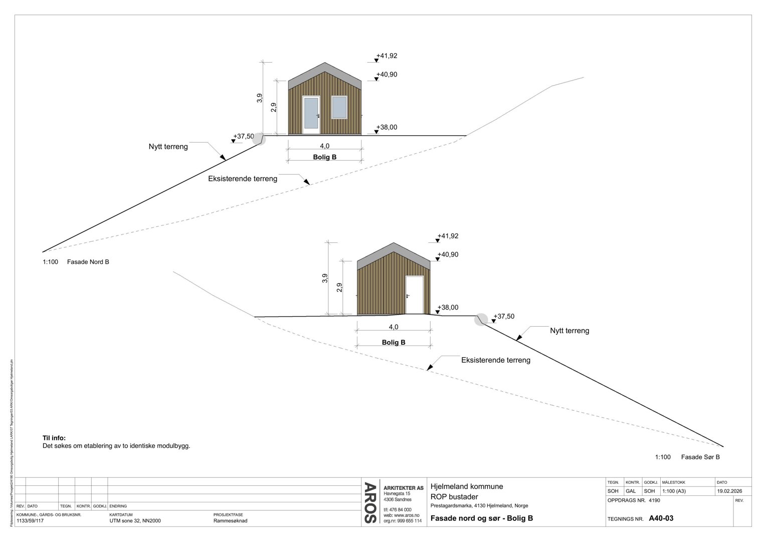 Fasadetegning som viser oppriss av to identiske modulbygg (Bolit B) sett fra nord og sør, med høydemål og terrengforhold.