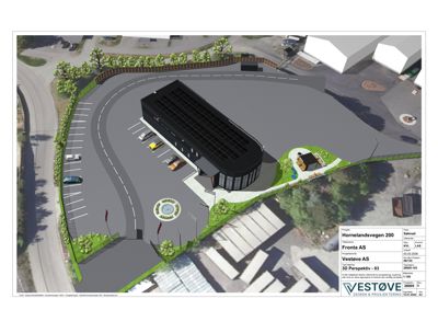 3D-perspektivtegning (rendering) av et planlagt bygg med omgivelsene, inkludert parkeringsplass og vei.