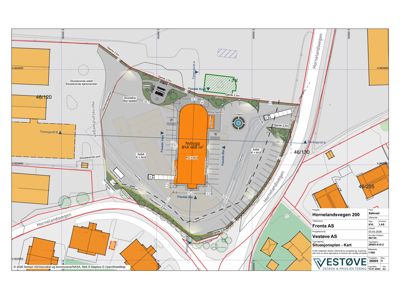 Situasjonsplan som viser tomtens grenser, naboeiendommer, veier og plassering av nybygg og parkeringsplasser.