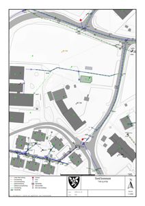 Situasjonsplan som viser tomt, vegnett, eksisterende og planlagt bebyggelse, samt høydemålinger (Høydekontur).