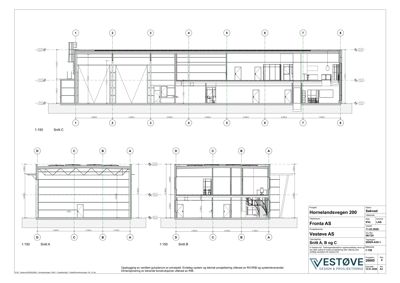 Snittegning (Snitt A, B og C) som viser tverrsnittet av bygningen med romfordeling og konstruksjon.