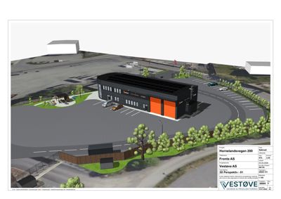 3D-visualisering av et planlagt bygg med omgivelsene, inkludert parkeringsplass og vegetasjon.