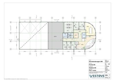 Etasjeplan (Plan 2. etasje) som viser romfordeling, veggposisjon og mål for en bygning.