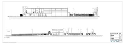 Snittegning som viser tverrsnittet av en bygning og dens omgivelser.