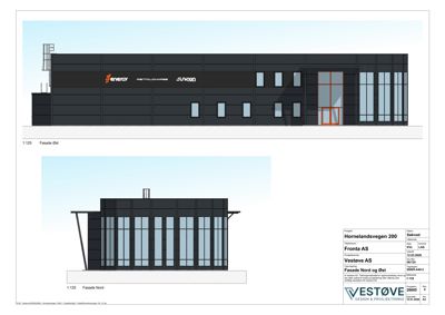 Bildet viser fasadetegninger for en bygning, spesifikt 'Fasade Øst' og 'Fasade Nord', med arkitektoniske detaljer og et tegningshode.