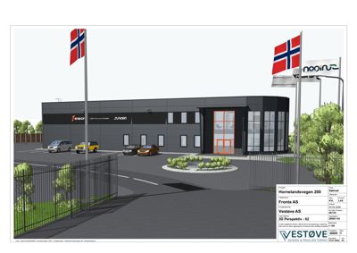 3D-visualisering av en nybyggfasade med parkeringsplass og flaggstenger.