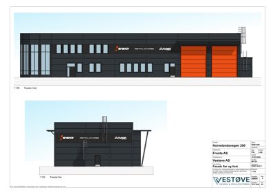 Bildet viser fasadetegninger for en bygning, spesifikt 'Fasade Vest' og 'Fasade Sør', med arkitektoniske detaljer og skala.