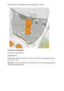 Situasjonsplan som viser tomt, bygning og parkeringsareal med utnyttelsesgradsberegning.