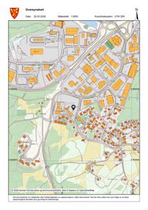 Et oversynskart som viser bygningsplassering, vegnett og topografi i et område.