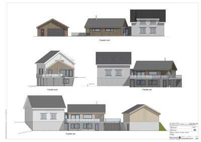 Fasadetegning som viser bygningens utsyn fra nord, øst og sør.