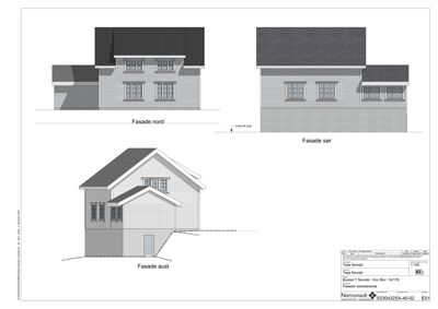 Fasadetegning som viser bygningens utsyn fra nord, sør og aust.