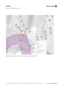 Et utsnitt av et aksemsemdskart (NVE) som viser topografi, eiendomsgranser og en markert sone (raud sirkel).