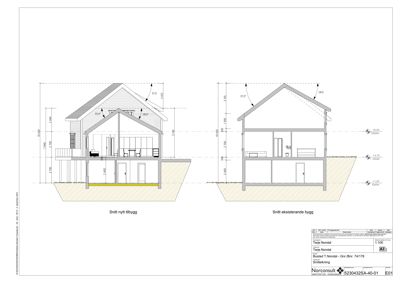 Snittegning som viser tverrsnitt gjennom et nytt tilbygg og en eksisterende bygning, med høydemål og romfordeling.