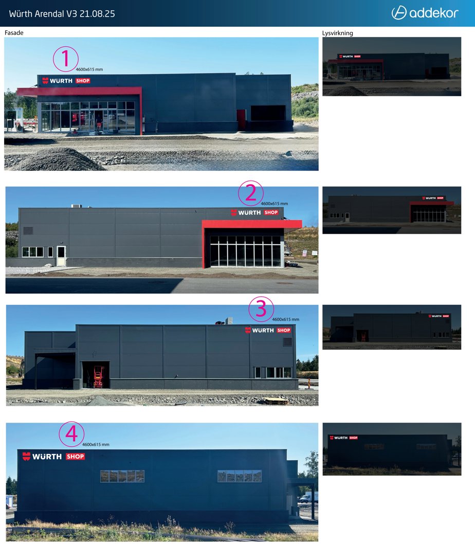 Fotografier av en ferdigbygd Würth-butikk (Arendal V3) med ulike fasadevarianter og lysvirkning.