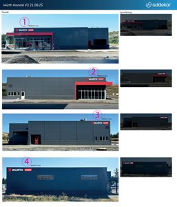 Fotografier av en ferdigbygd Würth-butikk (Arendal V3) med ulike fasadevarianter og lysvirkning.
