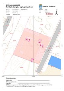 Situasjonskart for tiltak etter plan- og bygningsloven som viser eiendomsgranser, topografi og naboeiendommer.