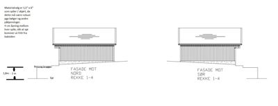 Fasadetegning som viser oppriss av fasade mot nord og sør for rekker 1-4, inkludert detaljer om materialvalg og sjøhøyde.