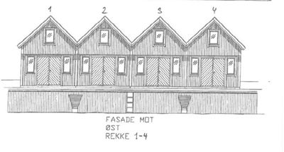 Tegning som viser fasadeopprikk (frontansikt) av en rekkehusblokk med 4 enheter, merket 1-4. Teksten bekrefter 'FASADE MOT ØST'.