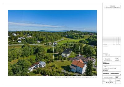 Fotografi av eksisterende bebyggelse og natur i et faglig perspektiv (fra sør-vest), som illustrerer kontekst for en ny planlagt bolig.