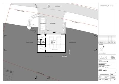 Etasjeplan for en garasje og en underjordisk etasje (Plan U. Etasje) med romfordeling og mål.