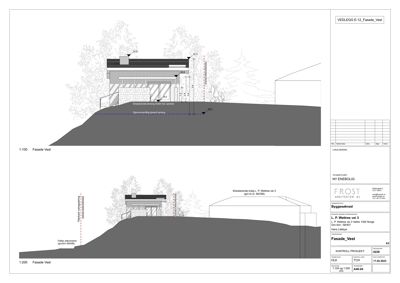 Tegning som viser fasadeoppsett for bygningen sett fra vest (Fasade_Vest). Tegningen inneholder oppriss, mål og notasjoner om terrengforhold.