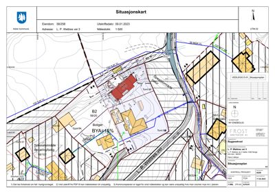 Situasjonskart som viser eiendomsforhold, tomtedeling og bygningers plassering i forhold til veier og nabolag.