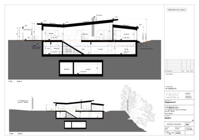 Snittegning (Snitt C) som viser tverrsnittet av en ny enebolig med romfordeling, høyder og konstruksjonsdetaljer.