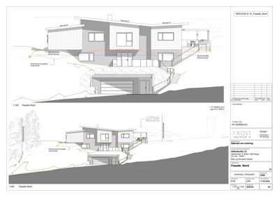 Fasadetegning (opprikk) av en bygning sett fra nord, med to ulike detaljeringsgrader (1:100 og 1:200).