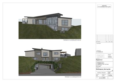 3D-visualisering (rendering) av en nyebolig sett fra to ulike vinkler: sør-øst og nord.