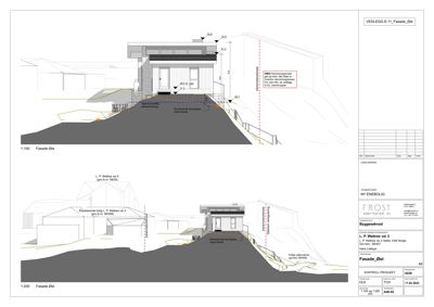 Fasadetegning (opprikk) av en ny bygning sett fra øst, med angitte høyder og terrengforhold.