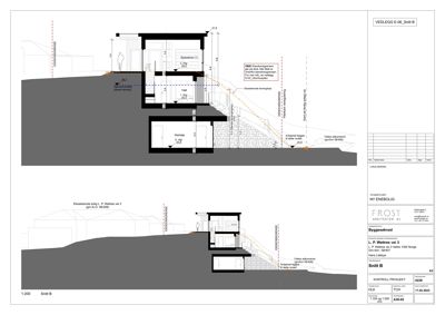 Snittegning (Snitt B) som viser tverrsnittet av en bygning med romfordeling, høydemål og terrengforhold.