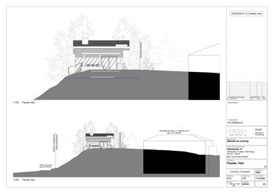 Fasadetegning (opprikk) av bygningen sett fra vest, med to ulike skalaer (1:100 og 1:200).