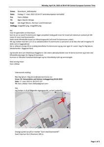 Et situasjonskart eller tomtetekart som viser bygningers plassering, konturer og en markert 100 meters avstand (kum med brannventil).
