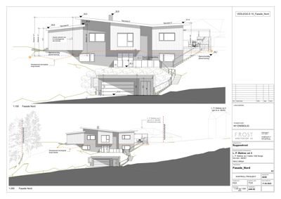 Fasadetegning av bygning sett fra nord, med mål og detaljer