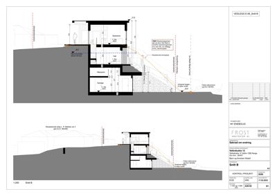 Snittegning (Snitt B) som viser tverrsnittet av en bygning med romfordeling og terrengforhold.