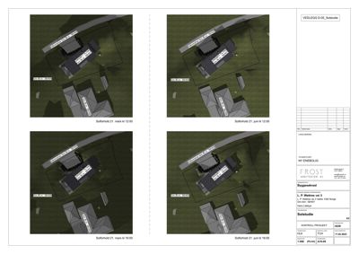 Bildet viser fire situasjonsplaner (flyfoto) som illustrerer solforhold for et planlagt hus på ulike tidspunkt på dagen og året.