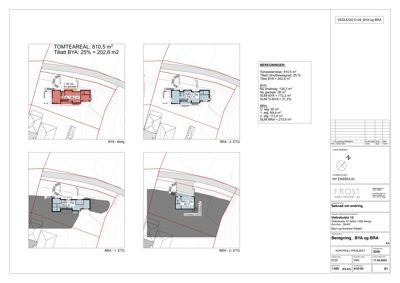 Situasjonsplan som viser tomtens areal, bygningens plassering i forhold til nabogrenser, og etasjeplaner for bygget.